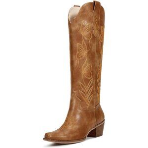Women's Classic Brown Butterfly Faux Leather Embroidered Zipper Chunky Heel Boot